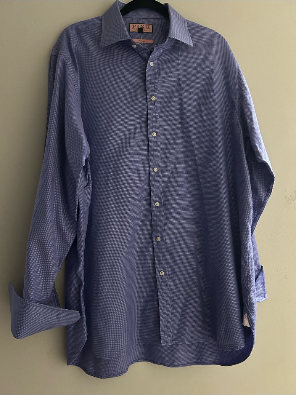 Thomas Pink blue dress shirt, spread collar,button-up French cuffs for cufflinks